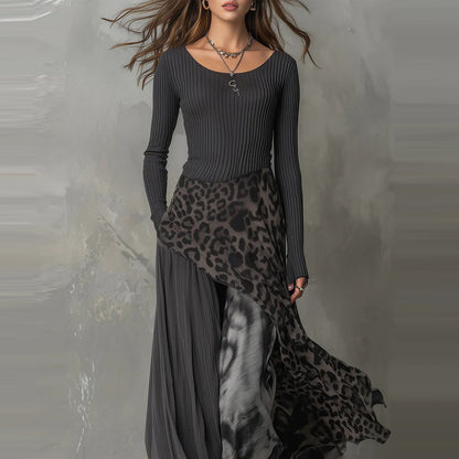 Leopard Print Maxi Dress Long Sleeve Asymmetrical Flowy