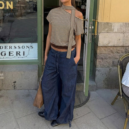 Striped One Shoulder Choker Neck Tee Casual Summer Top