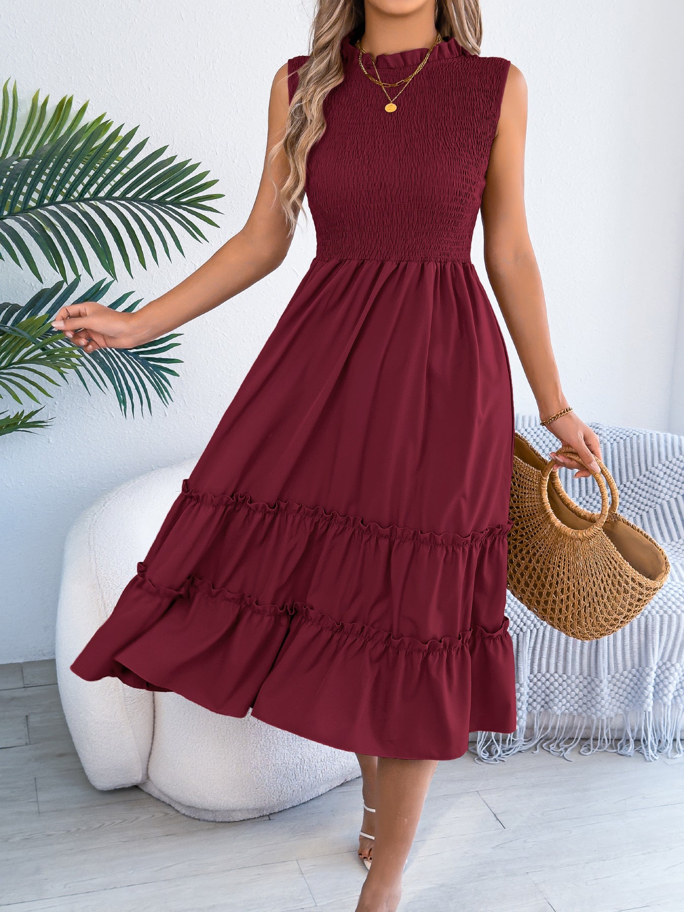 Smocked Sleeveless Ruffle Midi Dress Flowy Summer