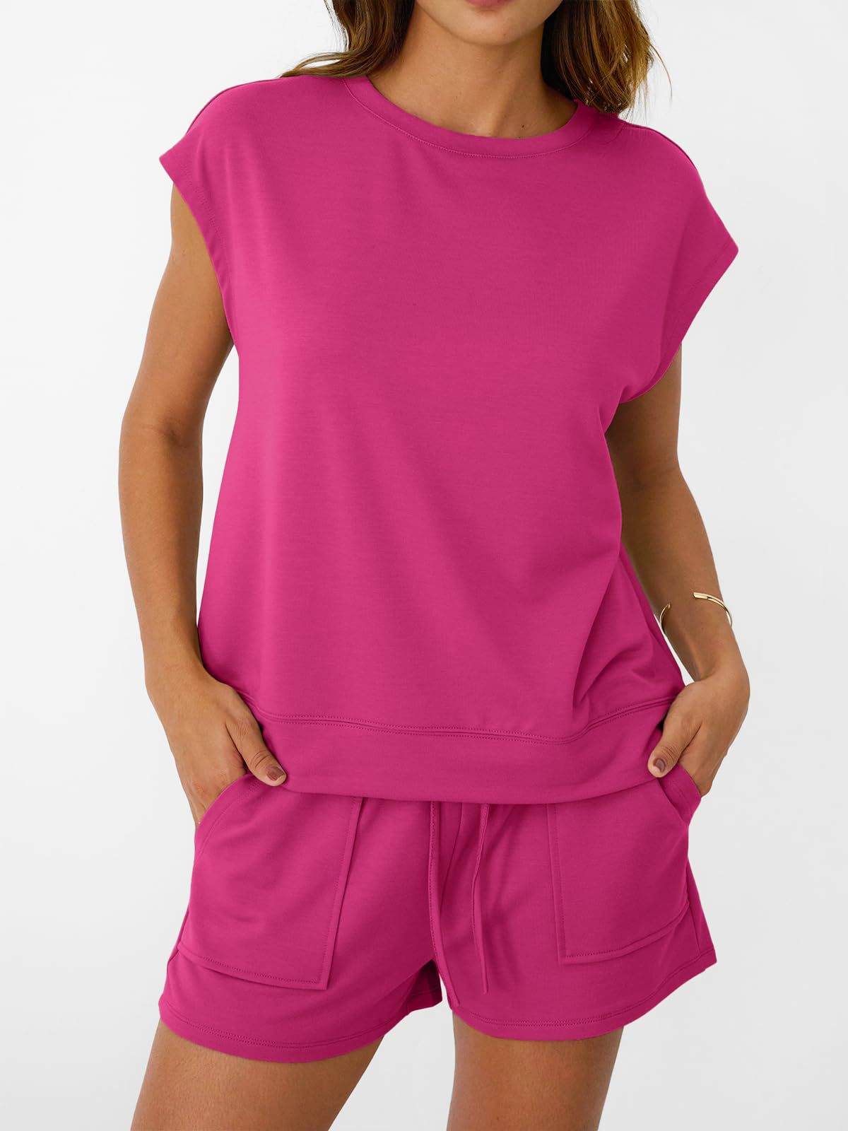 Womens Casual Lounge Set Cap Sleeve Top and Shorts