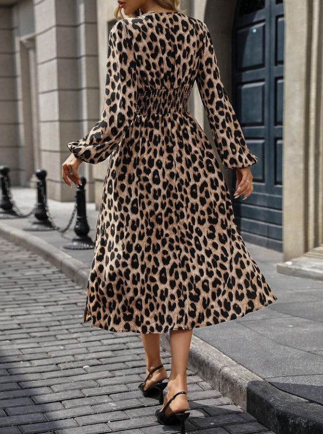 Leopard Print V-Neck Long Sleeve Midi Dress