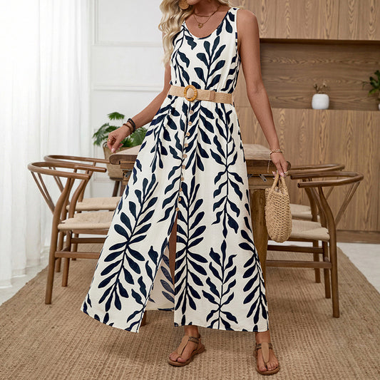 Leaf Print Sleeveless Strappy Dress with Belt Side Slit