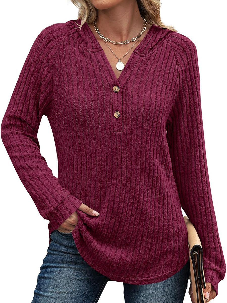 Women's Loose Hooded V Neck Button Ribbed Knit Sweater