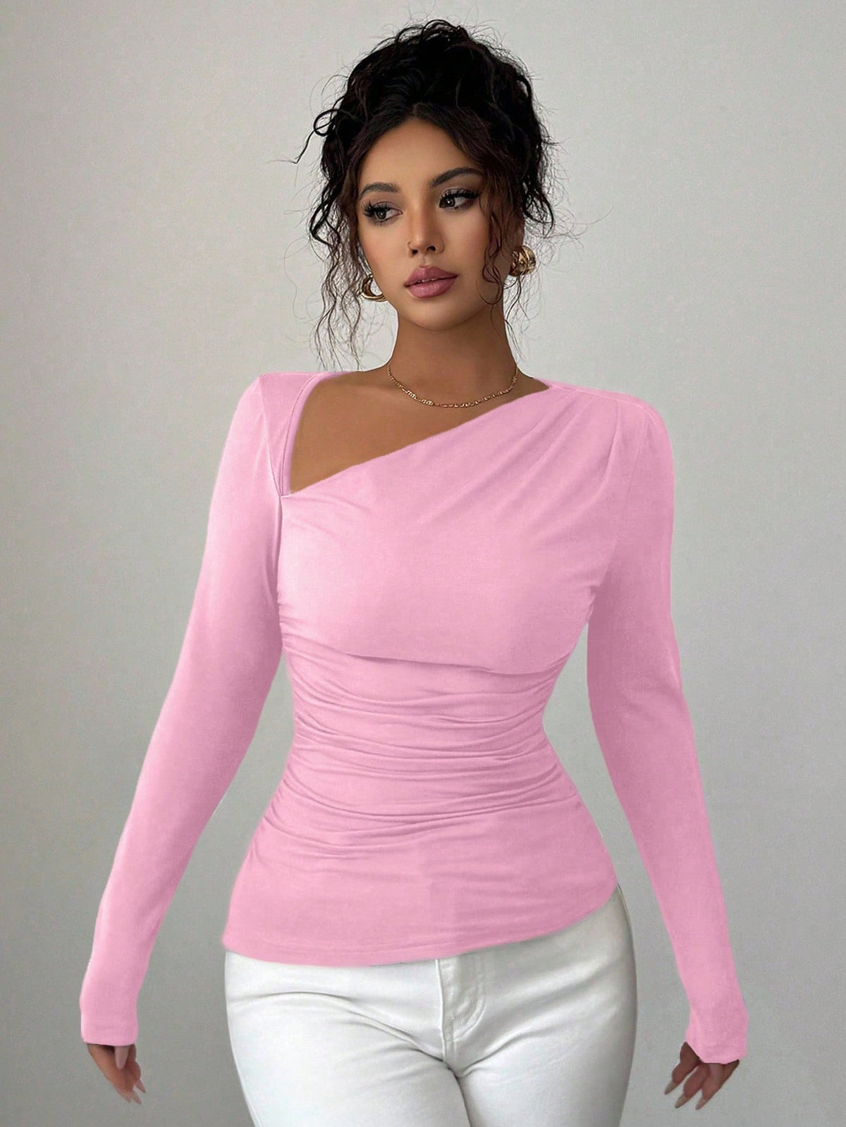 Women's Asymmetric Cut Out Ruched Long Sleeve Top