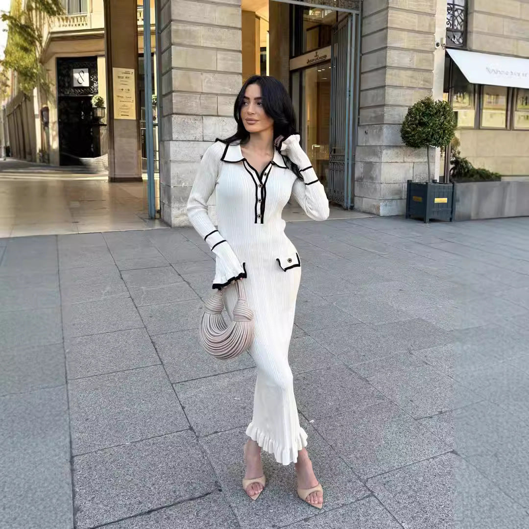 Contrast Trim Knit Maxi Dress Polo Collar Bell Sleeve