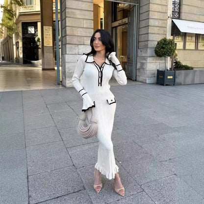 Contrast Trim Knit Maxi Dress Polo Collar Bell Sleeve