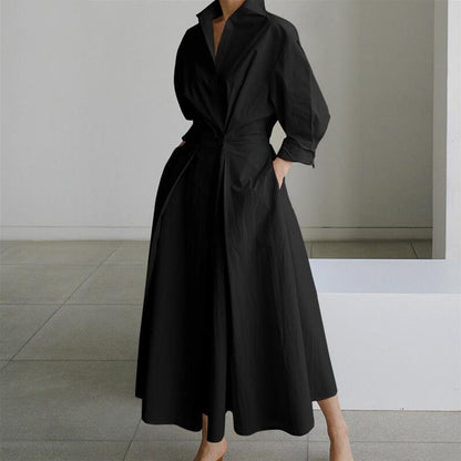 Women's Cotton Shirt Dress Collared Long Sleeve Maxi