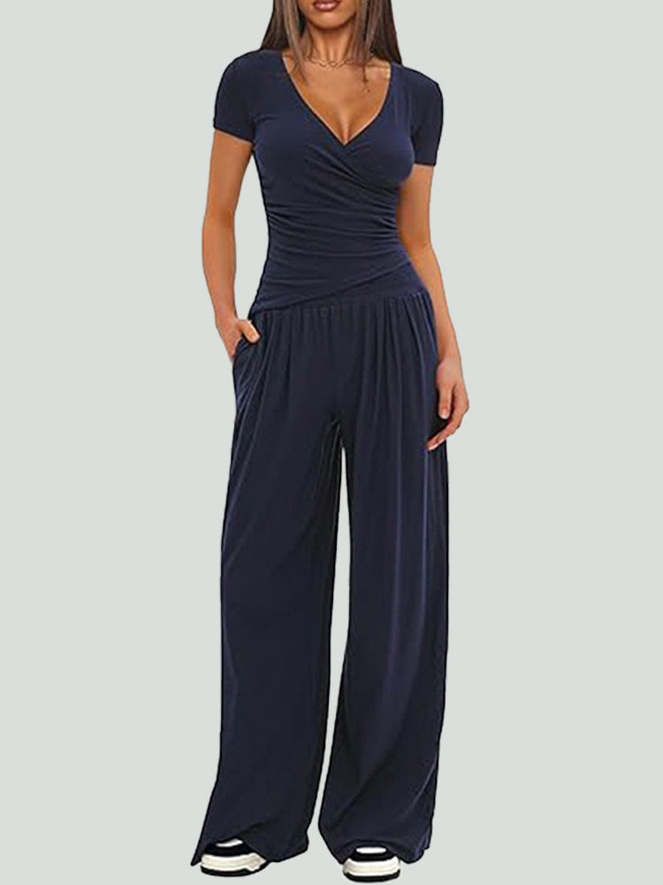 Women's 2 Piece V Neck Wide Leg Pants Lounge Set