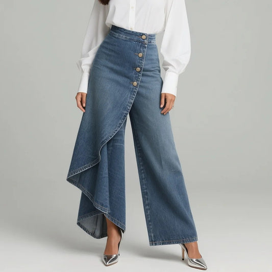 Denim Print Wide Leg Pants High Waist Button Front