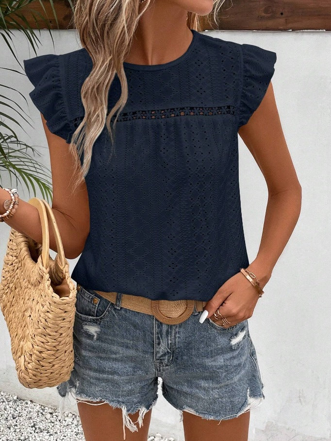 White Eyelet Lace Ruffle Sleeve Summer Blouse Women