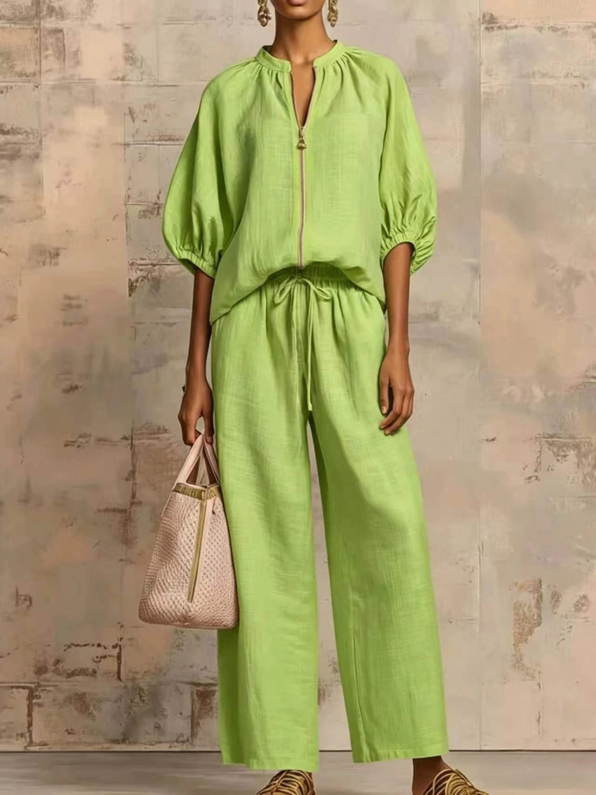 Women's Zip Front Bubble Sleeve Wide Leg Pants Set