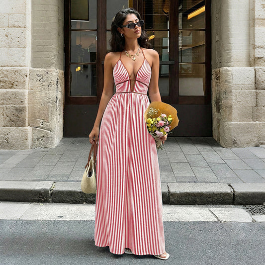 Pink Stripe Halter V Neck Backless Maxi Dress