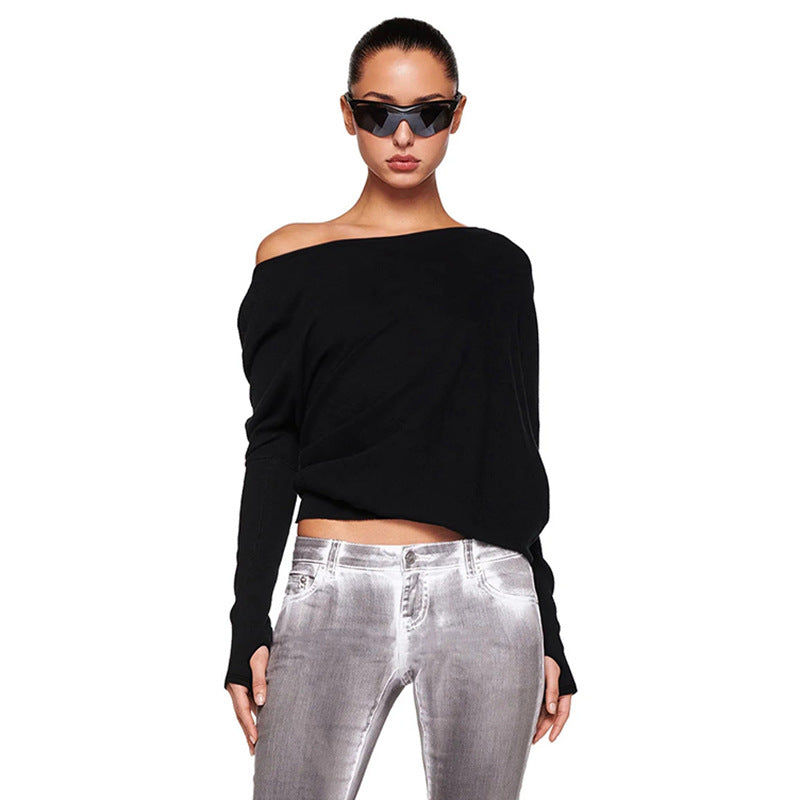 Black Off Shoulder Long Sleeve Loose Top Y2K Streetwear