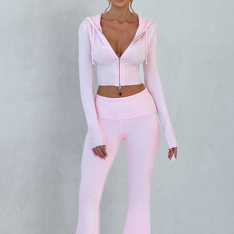 Women's 2 Piece Knit Hoodie Crop Top Pants Set
