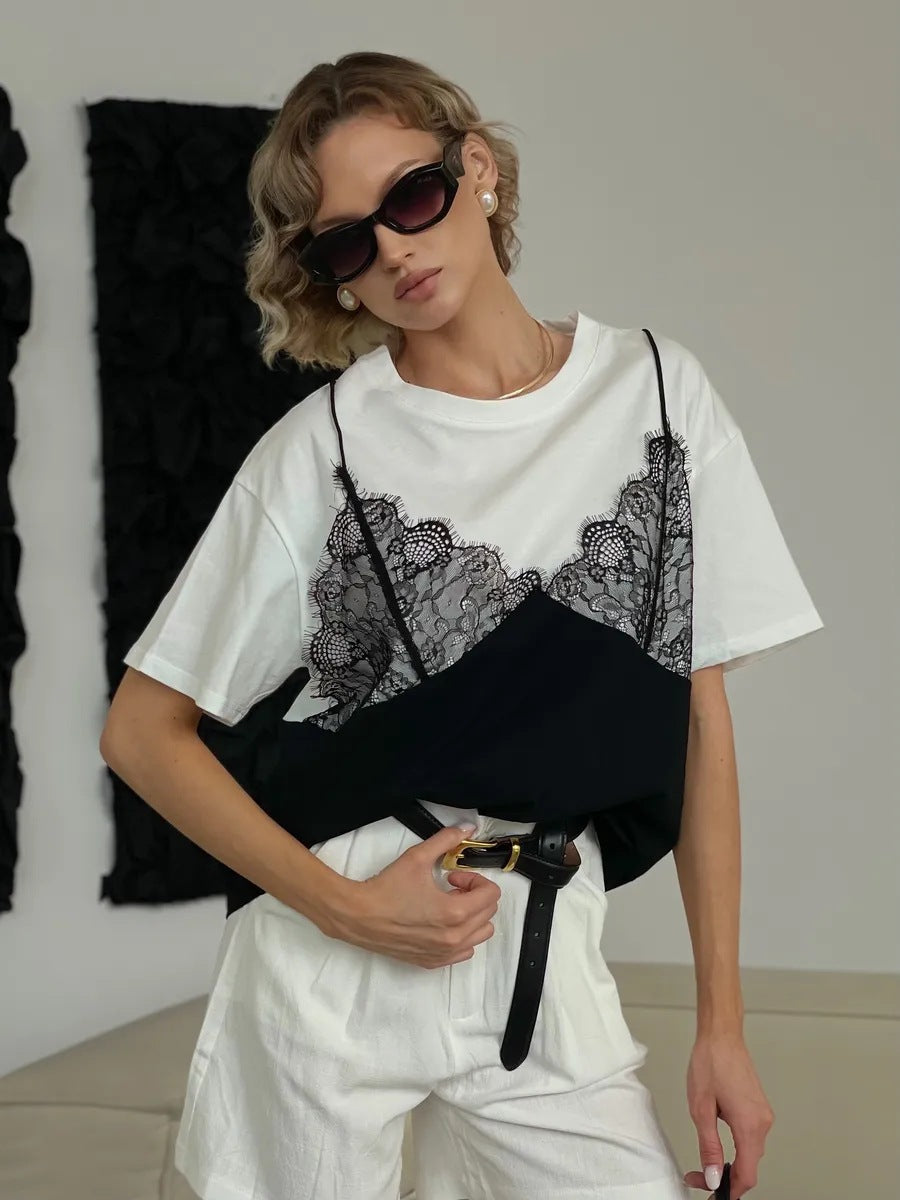 Sexy Lace Splice Loose Tee Top Casual Streetwear Summer Women