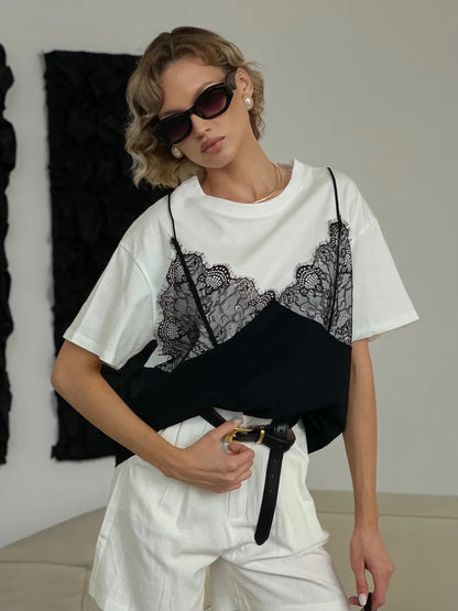 Sexy Lace Splice Loose Tee Top Casual Streetwear Summer Women