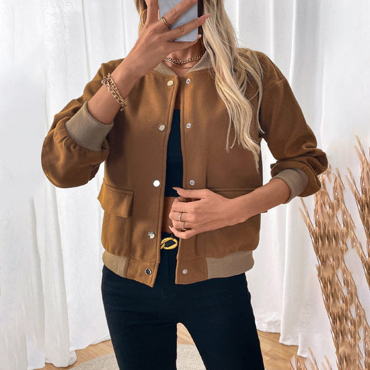 Brown Stand Collar Snap Button Pocket Jacket