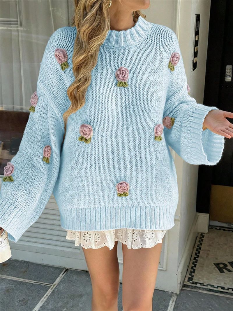 Oversized Chunky 3D Floral Embroidered Crew Neck Sweater