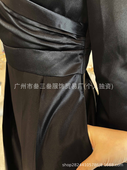 Elegant Satin Long Sleeve Belted A-Line Midi Dress Pockets
