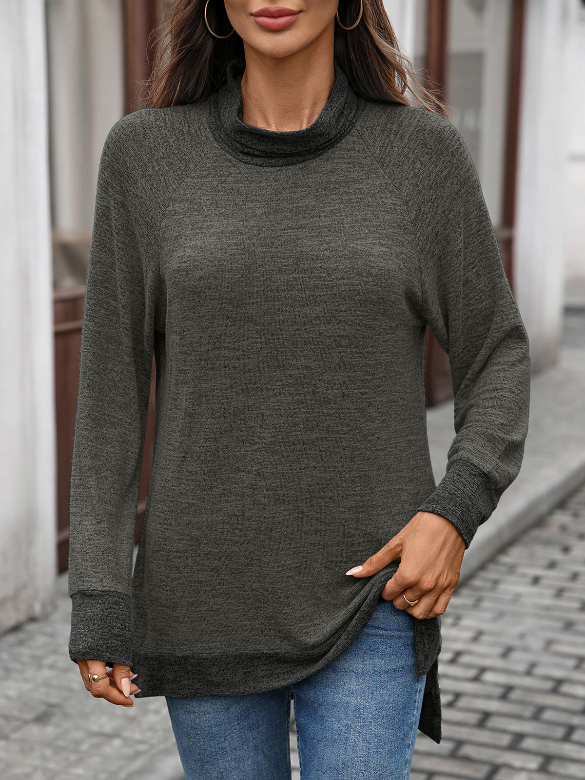 Women's Color Block Cowl Neck Long Sleeve Tunic Top