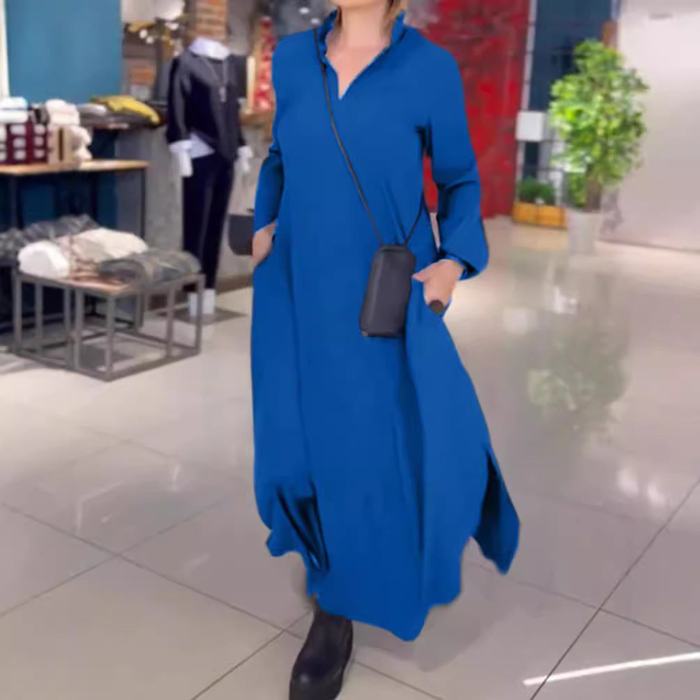 Women's Casual V Neck Long Sleeve Maxi Dress with Pockets