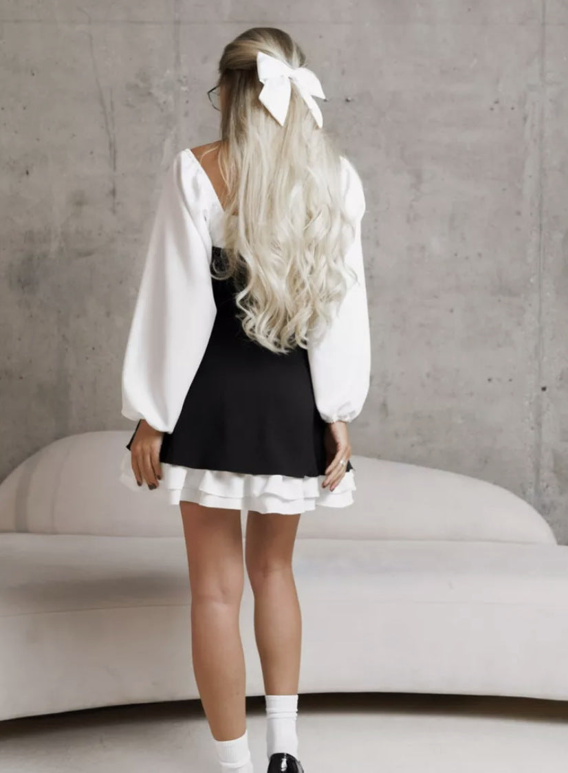 Black White Square Neck Puff Sleeve Ruffle A-Line Dress