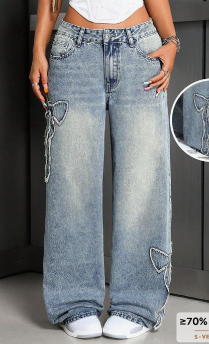 High Waisted Butterfly Embroidered Baggy Jeans