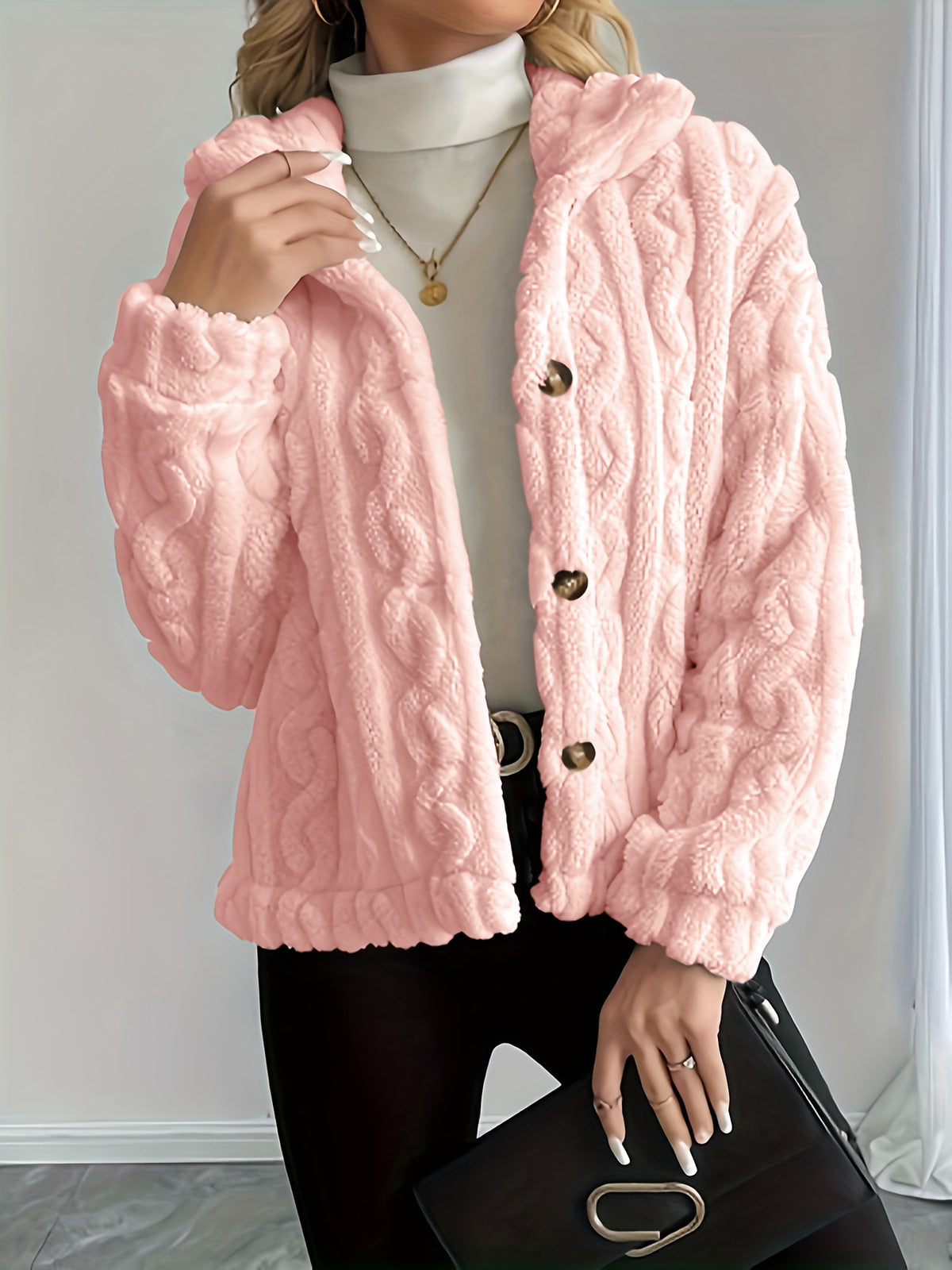 Women's Sherpa Cable Knit Button Up Winter Jacket