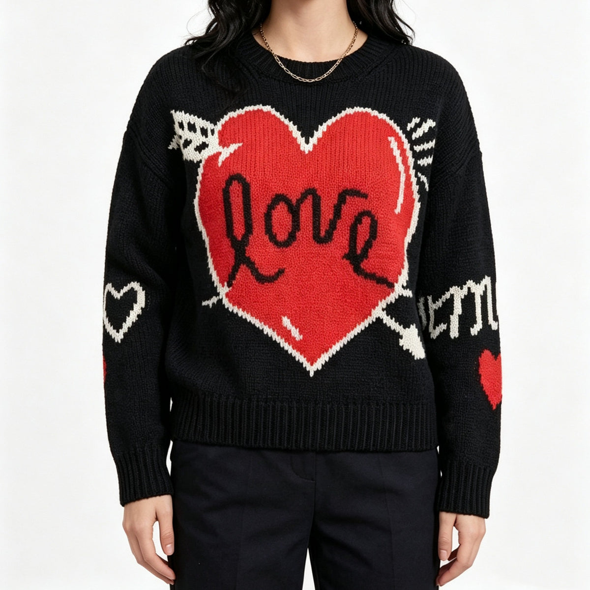 Women's Love Heart Crew Neck Knit Sweater Long Sleeve