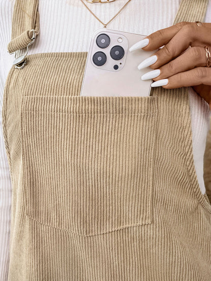 Women's Corduroy Overall Pinafore Khaki Dress with Pocket