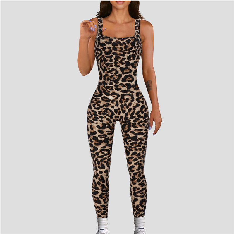 Women's Animal Print Square Neck Backless Bodycon Jumpsuit