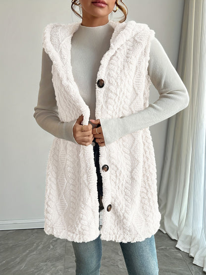 Women Sherpa Hooded Button Down Long Vest