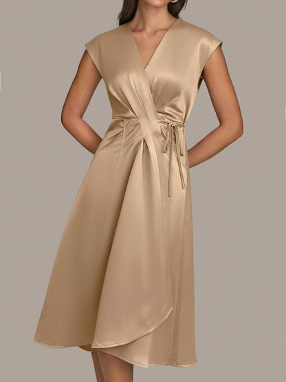 Satin V Neck Wrap Midi Dress Tie Waist Elegant