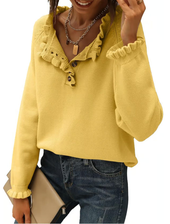 Women's Ruffle Button Knit Sweater Long Sleeve Tunic