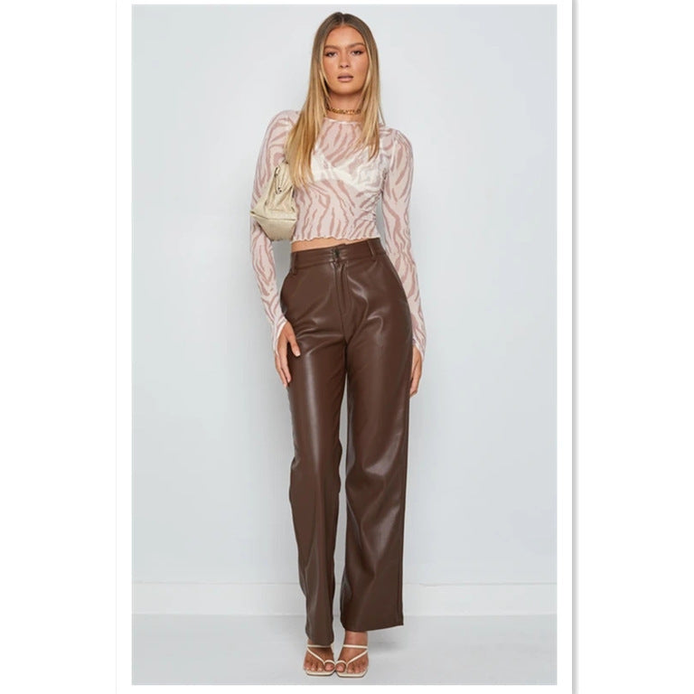 Women's High Waist Faux Leather Flare Pants