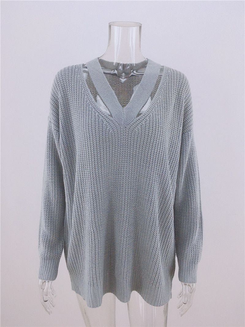 Women's Oversized V Neck Backless Chunky Knit Sweater