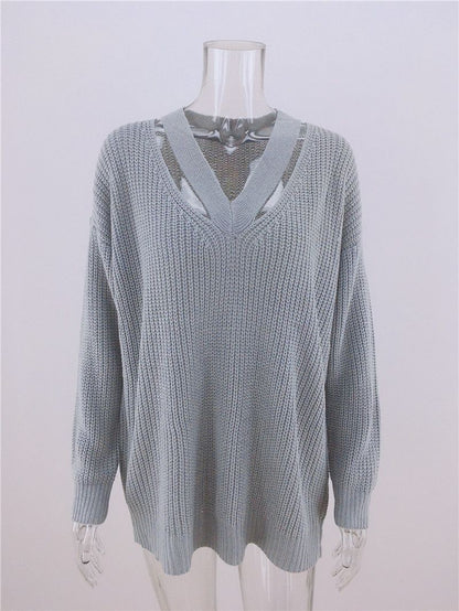 Women's Oversized V Neck Backless Chunky Knit Sweater