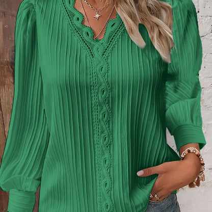 Lace Trim V Neck Blouse Long Sleeve Elegant Top