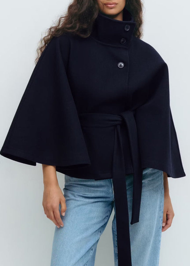 Women's Belted Cape Coat Stand Collar Button Jacket