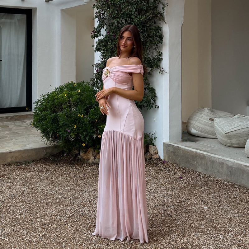 Sexy Off Shoulder Bodycon Maxi Dress Backless Mesh Panel