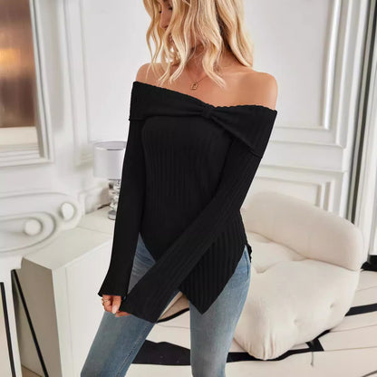 Autumn Winter Women's Slim One-Shoulder Split T-Shirt