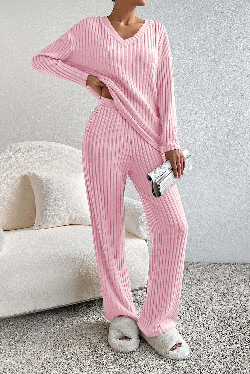 Women's Ribbed Knit V-Neck Two-Piece Lounge Set