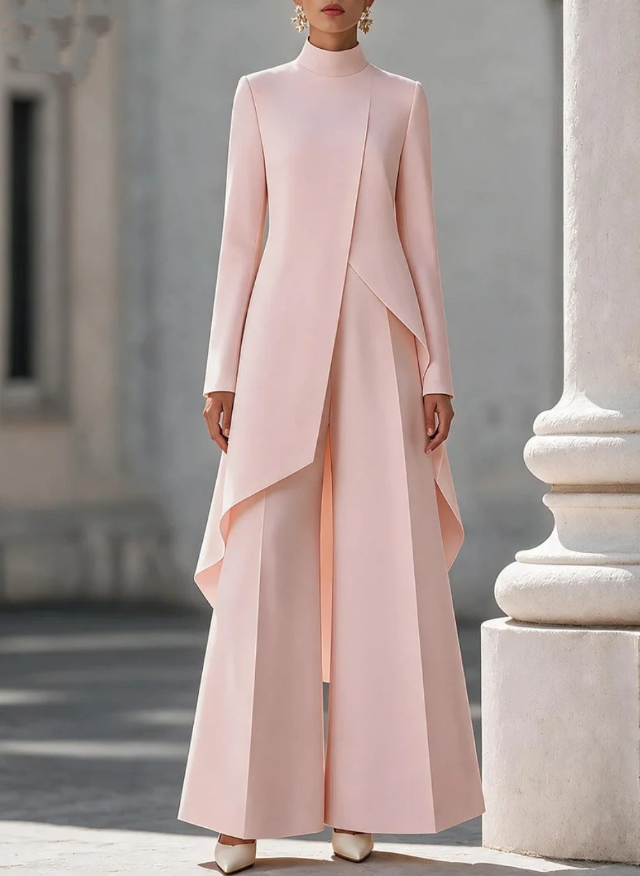 Women's Asymmetric Mock Neck Wide Leg Pants Two Piece Set