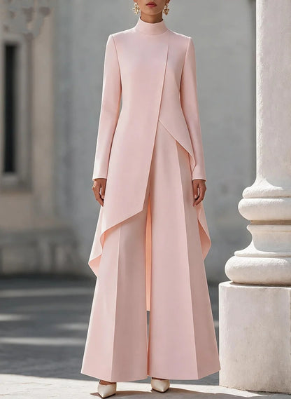 Women's Asymmetric Mock Neck Wide Leg Pants Two Piece Set
