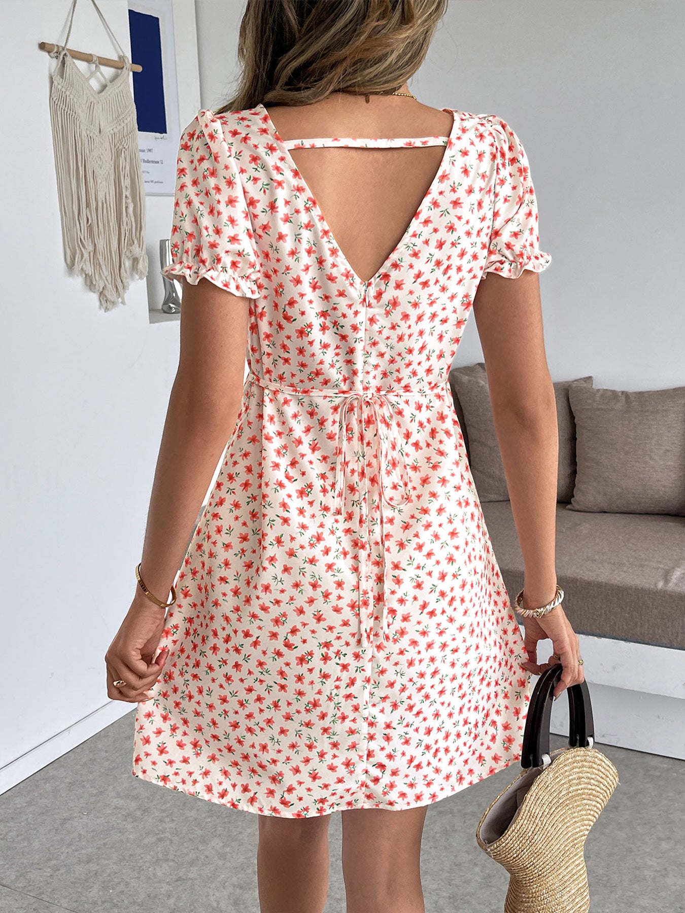 Floral Puff Sleeve V-Neck Backless Mini Summer Dress