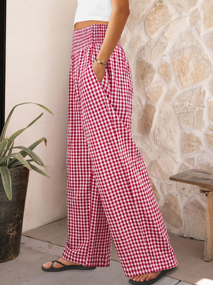 Gingham High Waist Wide Leg Pants with Pockets