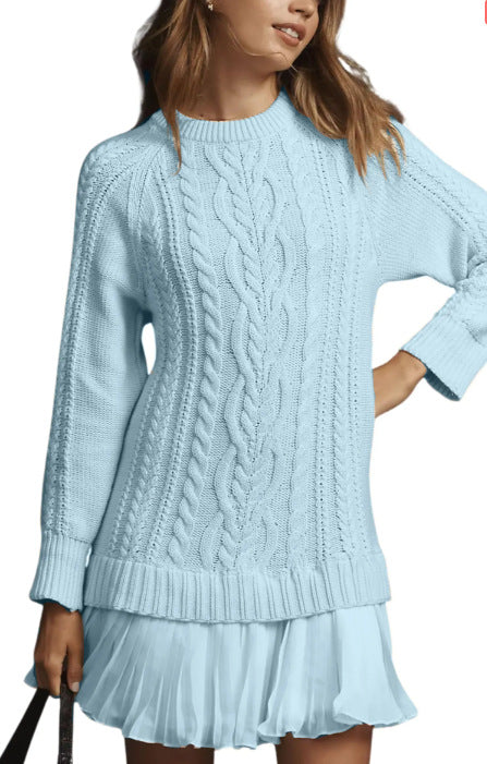 Cable Knit Sweater Dress Long Sleeve Pleated Hem