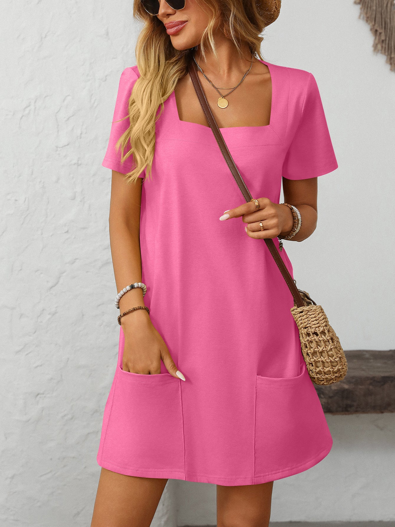 Square Collar Short-Sleeve Casual Pocket Dress