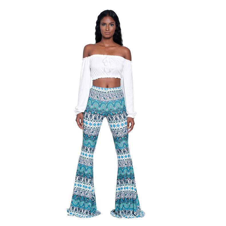 Women's Boho Printed Stretch Flare Pants Bell Bottoms