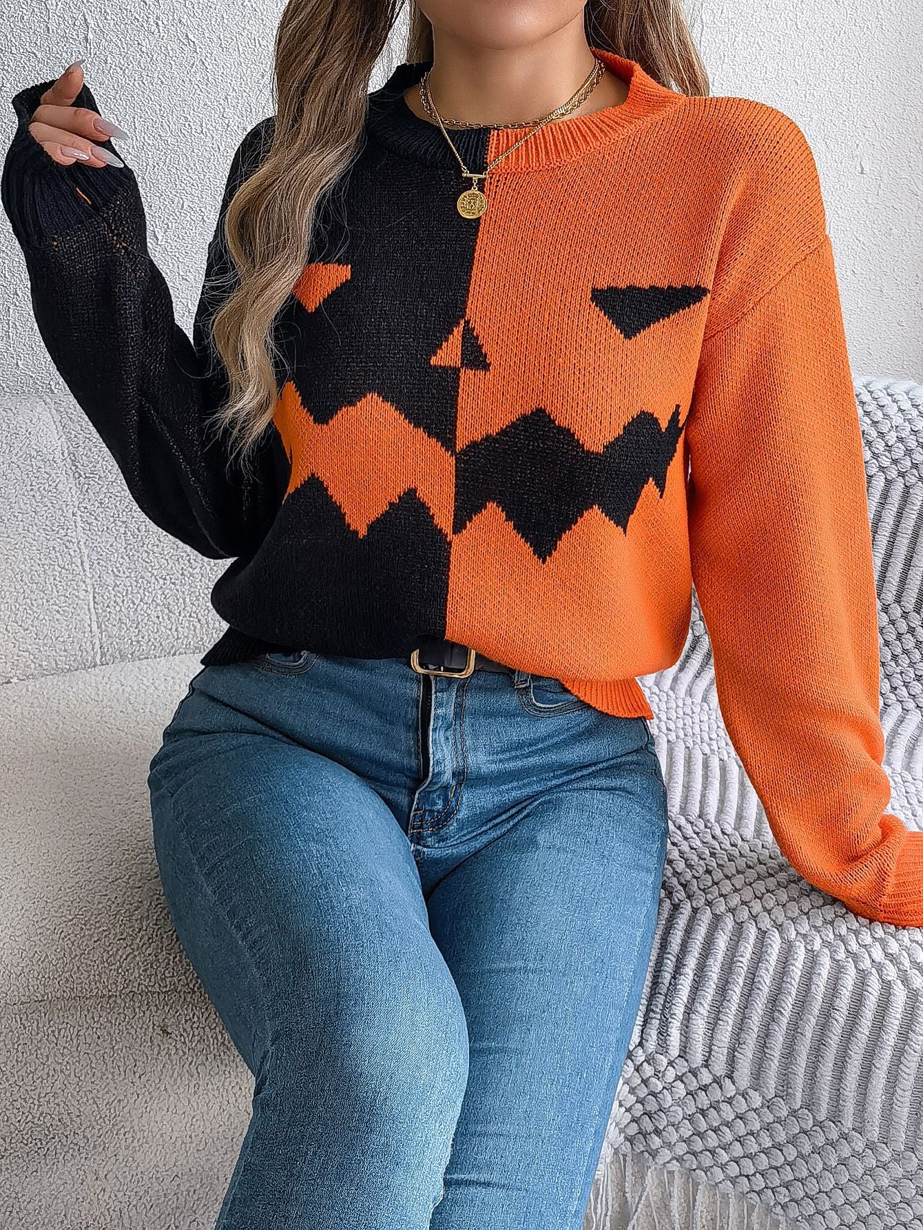 Ghost Pumpkin Colorblock Long Sleeve Sweater for Fall & Halloween
